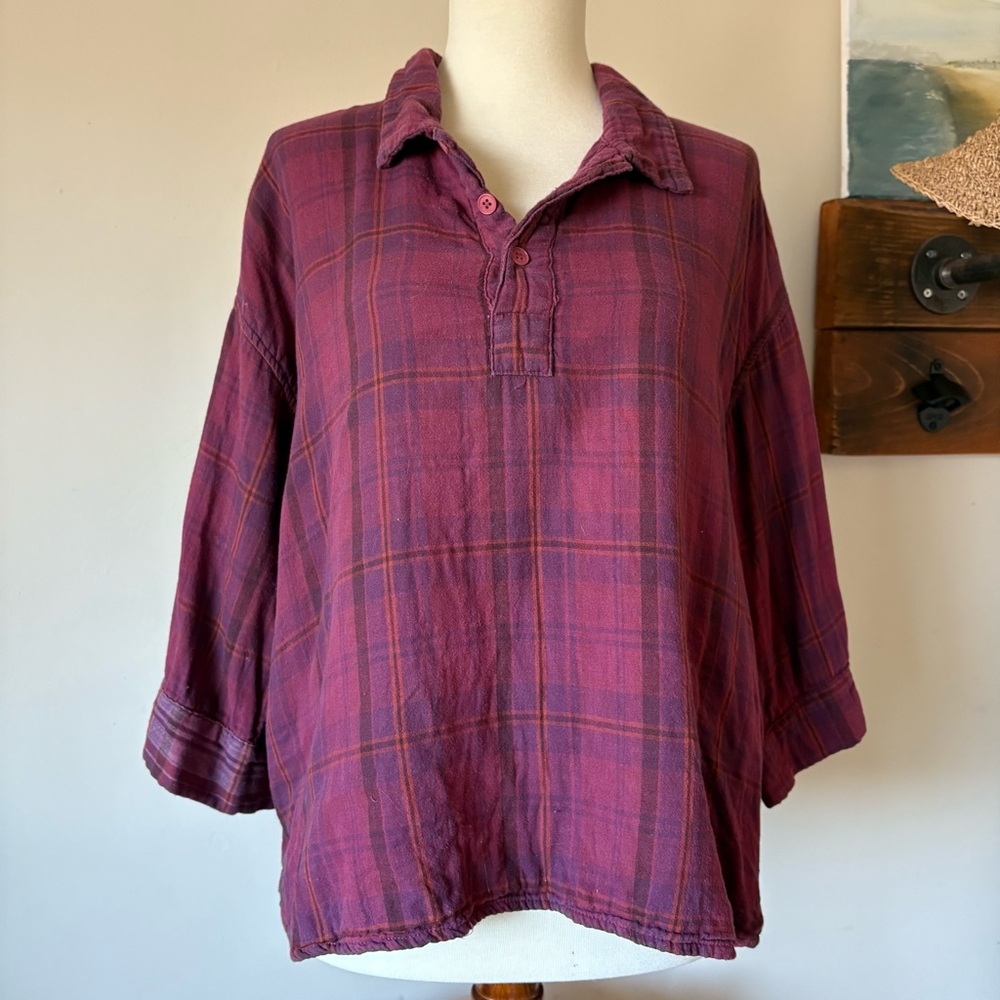 CP Shades Plaid Boxy Comfy Top 3/4 Sleeve S